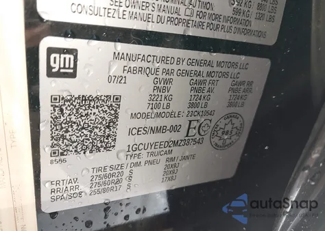 2021 Chevrolet Silverado 1500 4Wd Short Bed Rst/4Wd Standard Bed Rst z USA, uszkodzony, nr VIN 1GCUYEED2MZ387543